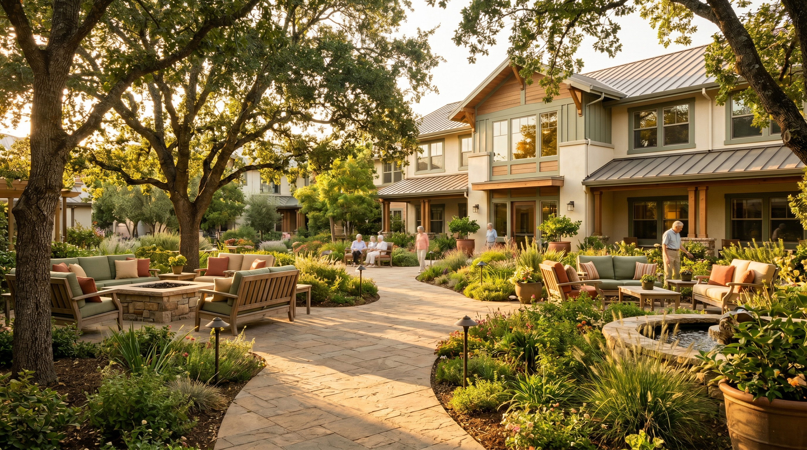 Warm assisted living community courtyard in Northern California